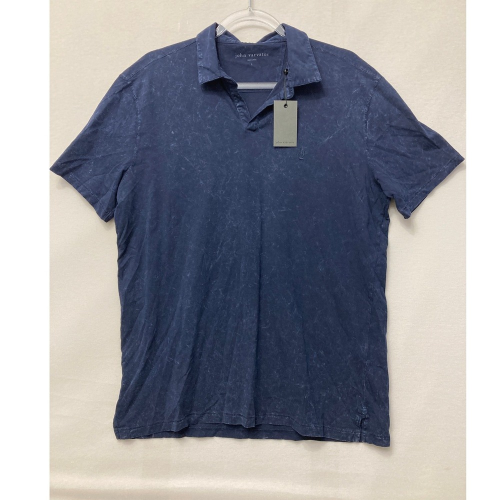 New John Varvatos Polo Shirt Large Navy Acid Wash Cotton Stretch Short Sleeve